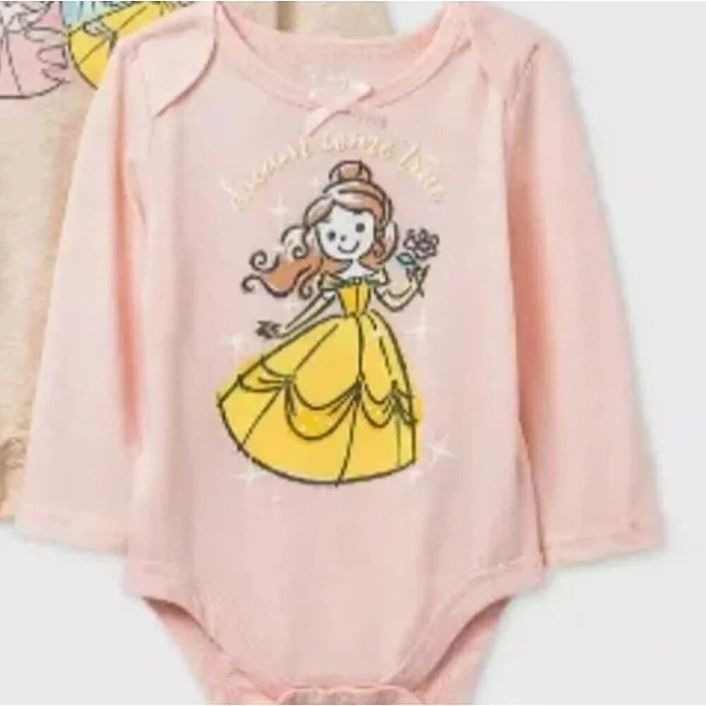 Disney Princess Long Sleeve Bodysuit set of 3 Belle Cinderella Aurora 6-9m